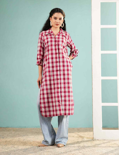 Crimson Check: Longline Button-Down Cotton Shirt