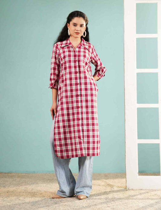 Crimson Check: Longline Button-Down Cotton Shirt