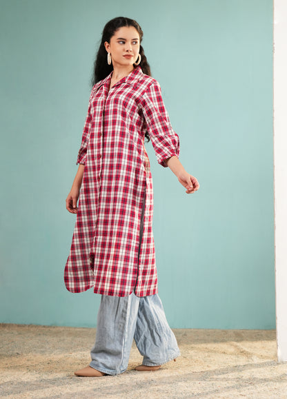 Crimson Check: Longline Button-Down Cotton Shirt