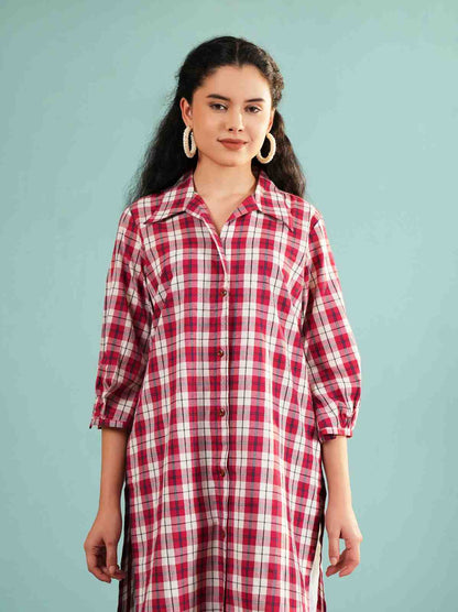 Crimson Check: Longline Button-Down Cotton Shirt