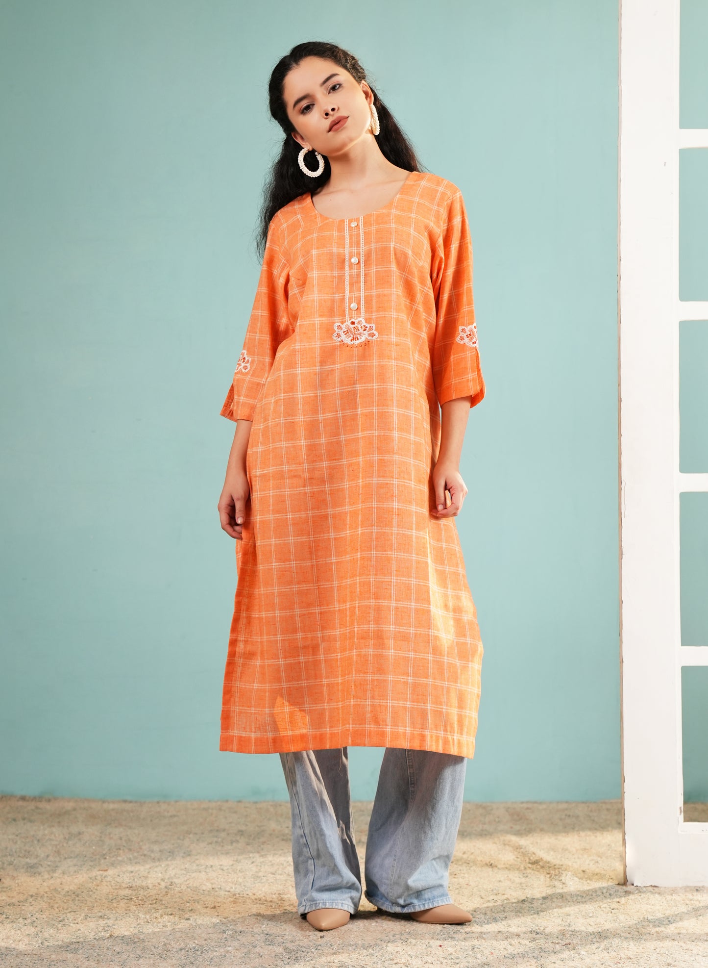 Sunset Check: Embroidered Orange Longline Tunic