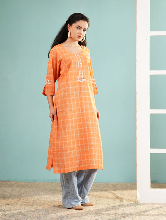 Sunset Check: Embroidered Orange Longline Tunic