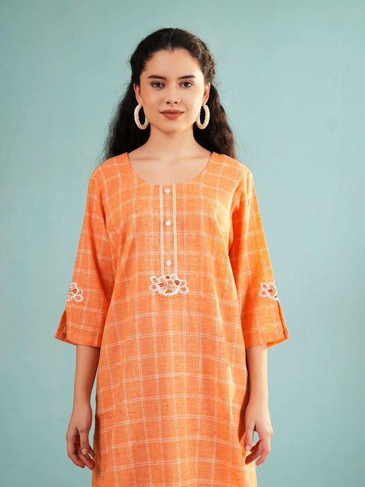 Sunset Check: Embroidered Orange Longline Tunic