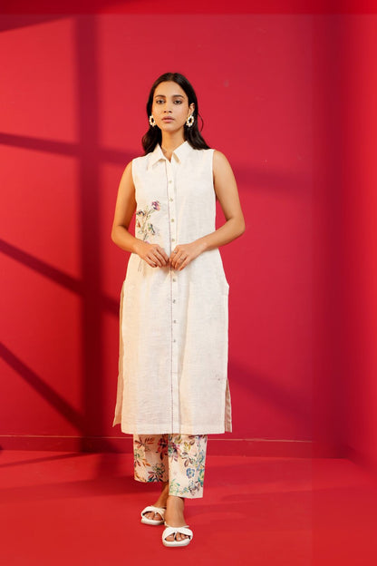 Beige Handloom Cotton Hand - Embroidered Straight Kurta & Pant - Ritivesh By Ritika Aggarwal