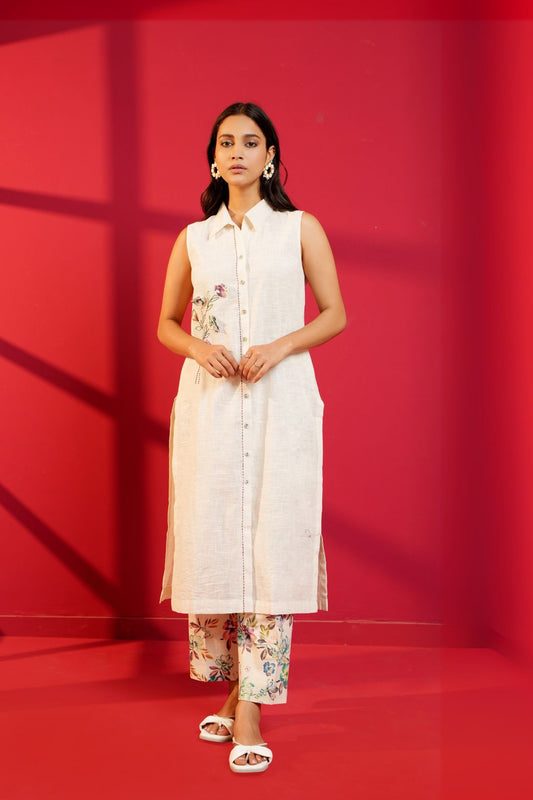 Beige Handloom Cotton Hand - Embroidered Straight Kurta & Pant - Ritivesh By Ritika Aggarwal