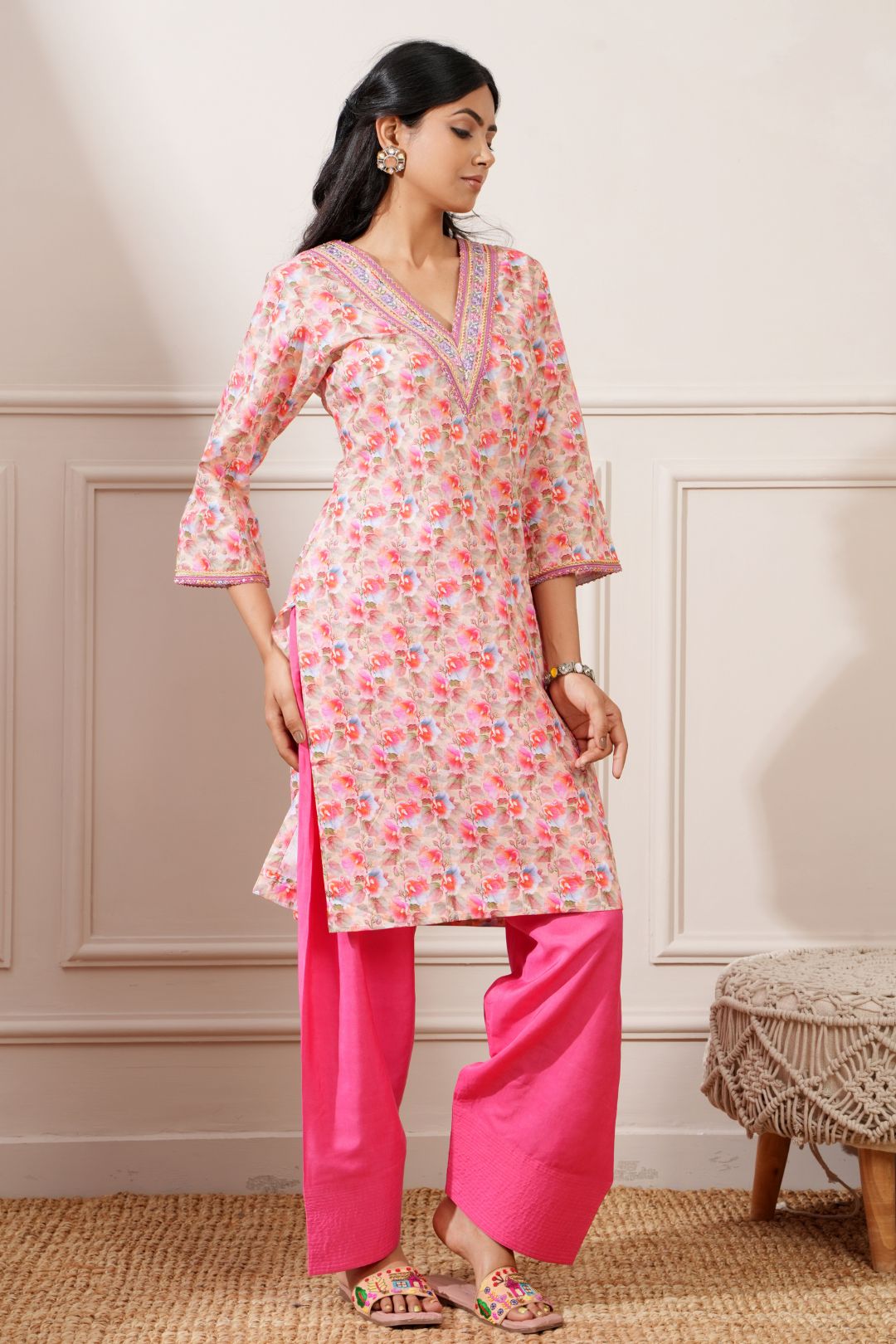 Beige/Gajri Cotton Digital Print Straight Kurta with Pant - Ritivesh By Ritika Aggarwal