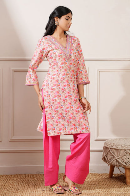 Beige/Gajri Cotton Digital Print Straight Kurta with Pant - Ritivesh By Ritika Aggarwal