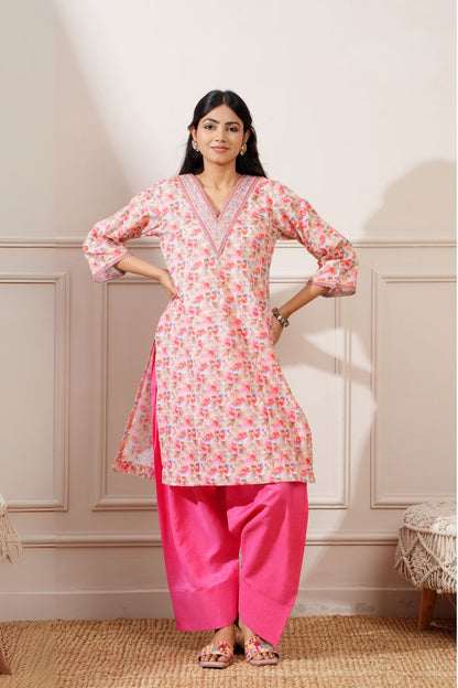 Beige/Gajri Cotton Digital Print Straight Kurta with Pant - Ritivesh By Ritika Aggarwal