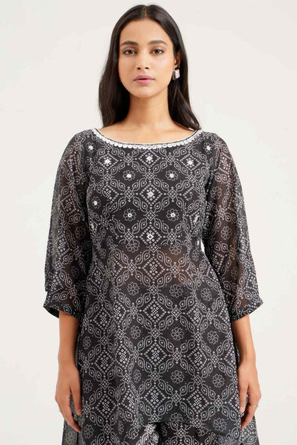 Black Bandhej Georgette Asymmetrical Co - ord Set - Ritivesh By Ritika Aggarwal