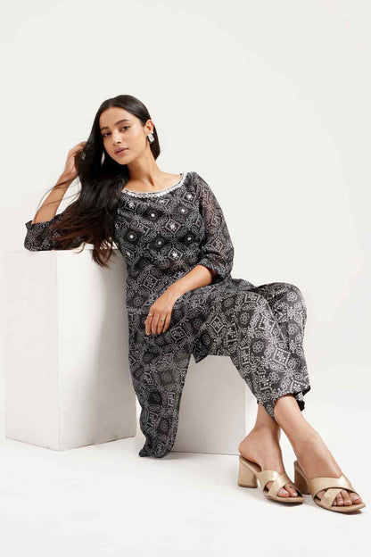 Black Bandhej Georgette Asymmetrical Co - ord Set - Ritivesh By Ritika Aggarwal