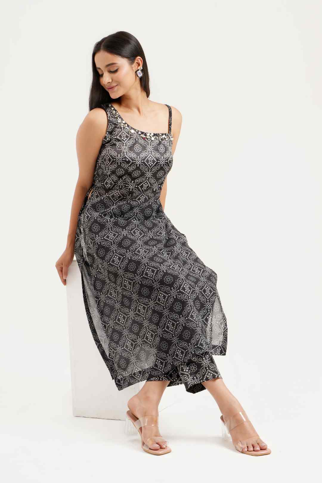 Black Georgette Bandhej Print Co - ord Set - Ritivesh By Ritika Aggarwal