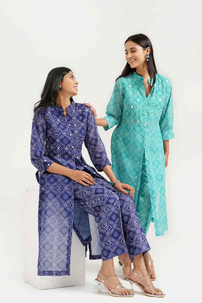 Georgette Bandhej Straight Kurta Pant Set - Ritivesh By Ritika Aggarwal