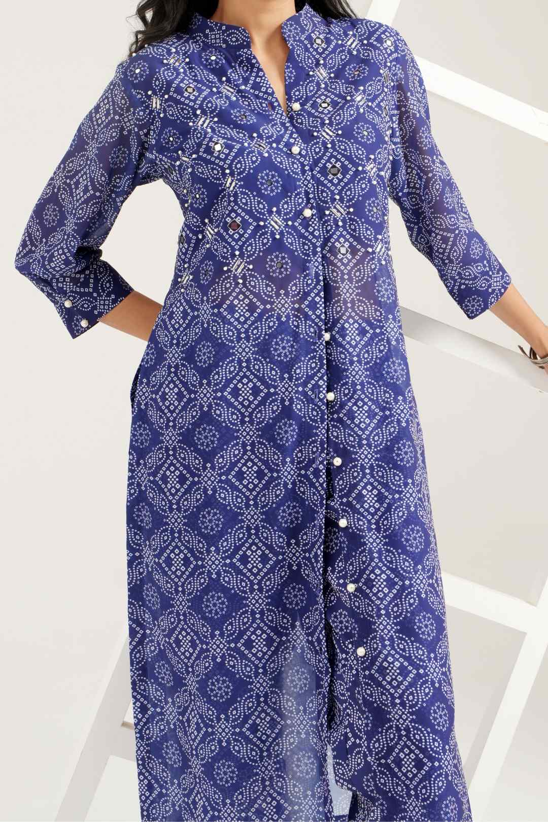 Georgette Bandhej Straight Kurta Pant Set - Ritivesh By Ritika Aggarwal