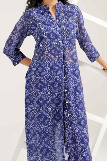Georgette Bandhej Straight Kurta Pant Set - Ritivesh By Ritika Aggarwal