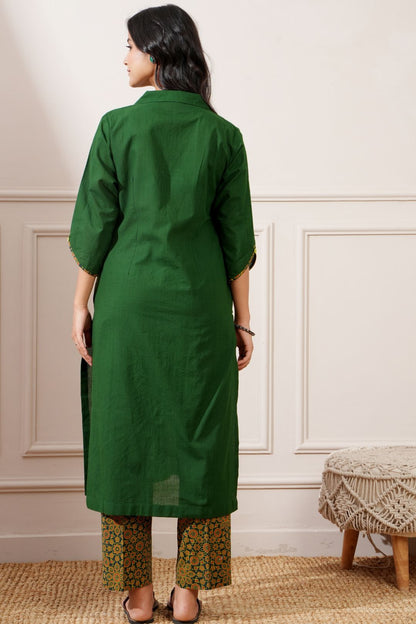 Green Ajrakh Cotton Handcrafted Straight Kurta & Pant - Ritivesh By Ritika Aggarwal