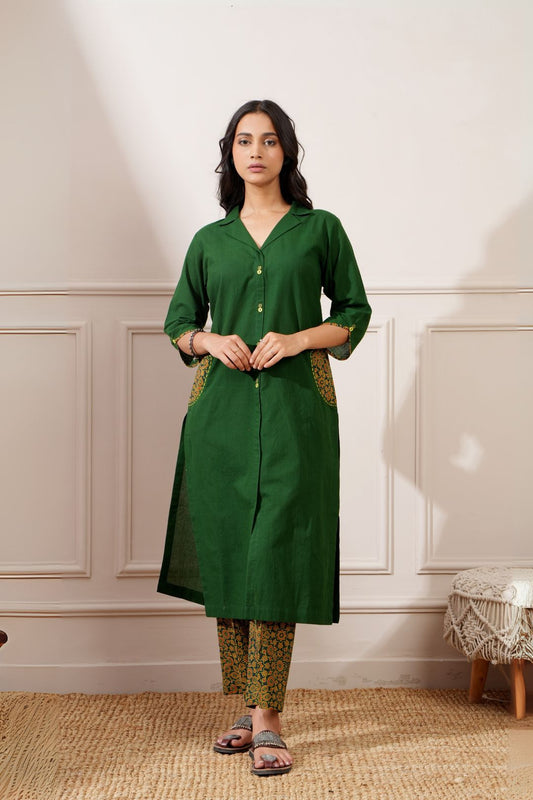 Green Ajrakh Cotton Handcrafted Straight Kurta & Pant - Ritivesh By Ritika Aggarwal