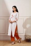 Off-white cotton kurta set with embroidered yoke and orange check pants, side view