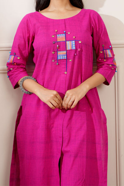 Magenta Slub Handloom Cotton Straight Kurta & Pants - Ritivesh By Ritika Aggarwal