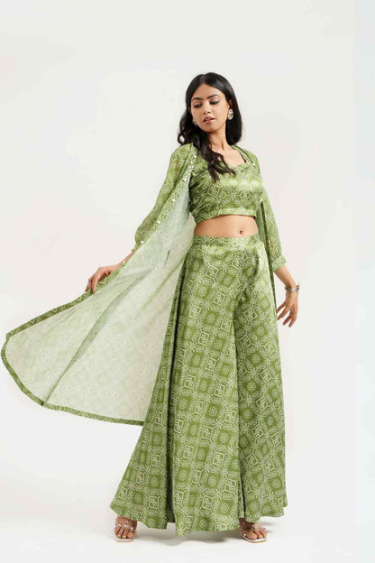 Mehandi Georgette Bandhej Cape Style Sharara Set - Ritivesh By Ritika Aggarwal