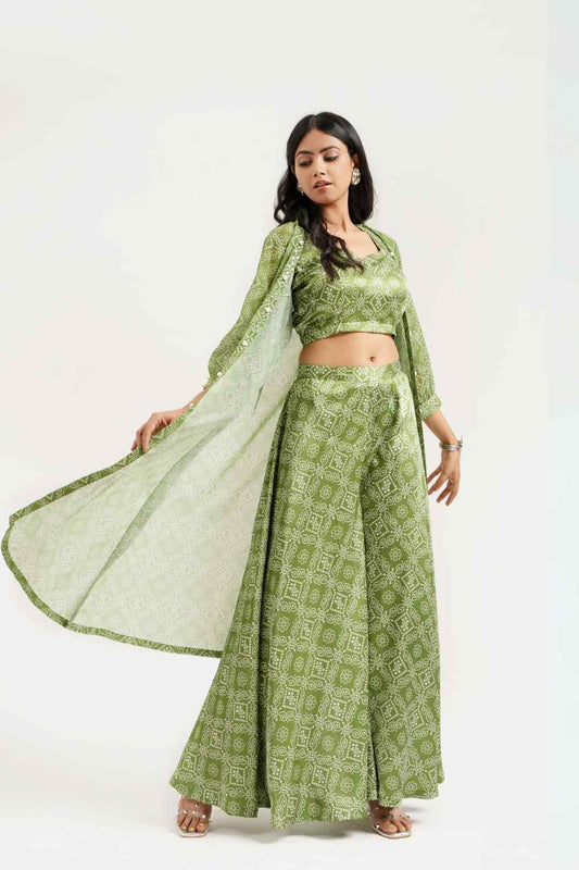Mehandi Georgette Bandhej Cape Style Sharara Set - Ritivesh By Ritika Aggarwal