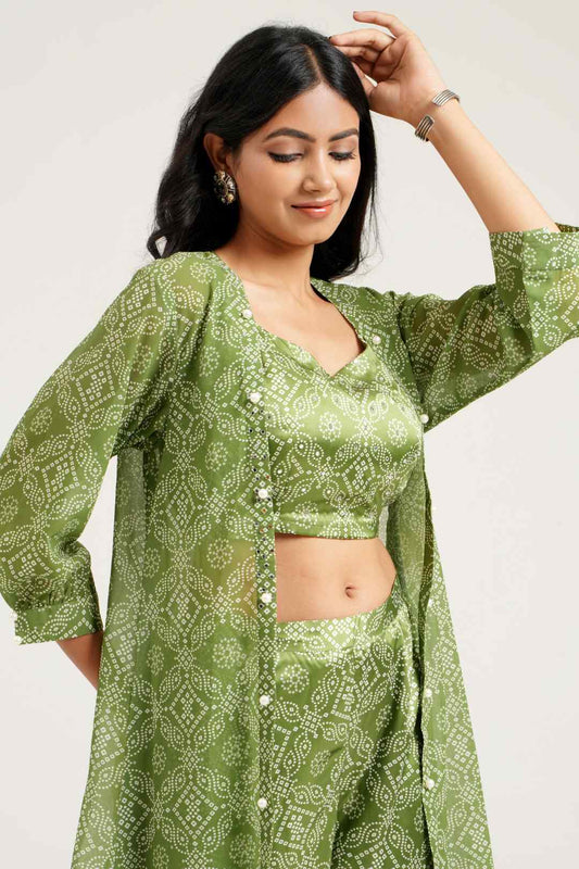Mehandi Georgette Bandhej Cape Style Sharara Set - Ritivesh By Ritika Aggarwal