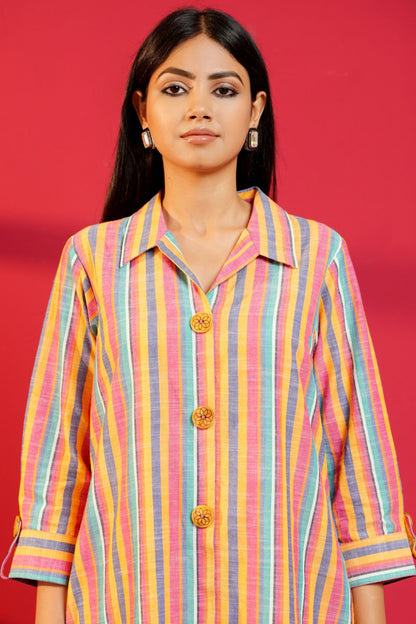 Multi - Stripe Cotton Hand - Crafted Straight Kurta with Pant - Ritivesh By Ritika Aggarwal