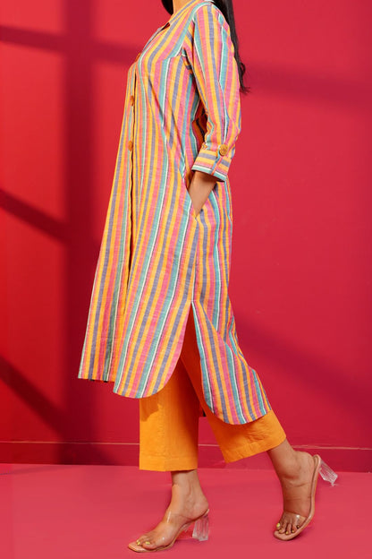 Multi - Stripe Cotton Hand - Crafted Straight Kurta with Pant - Ritivesh By Ritika Aggarwal