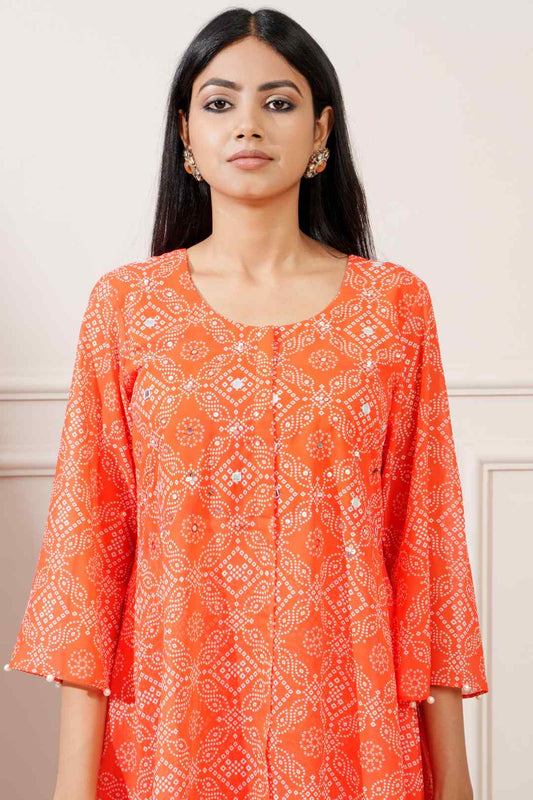 Orange Georgette Bandhej Asymmetrical Kurta Pant Set - Ritivesh By Ritika Aggarwal