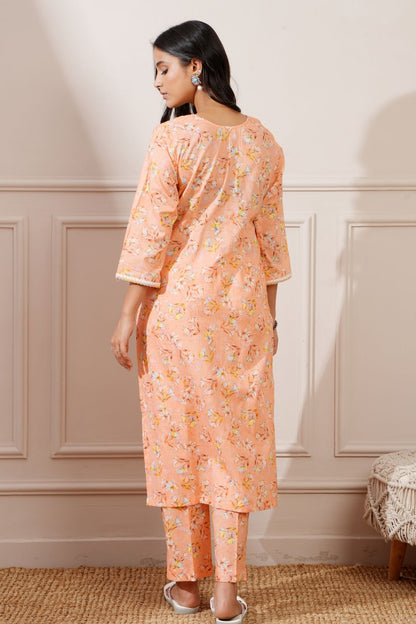 Peach Cotton Floral Digital Straight Kurta with Pant - Ritivesh By Ritika Aggarwal