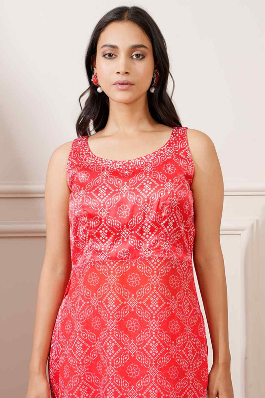 Red Georgette Bandhej Print Straight Kurta Pant Set - Ritivesh By Ritika Aggarwal