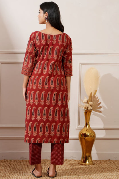 Rust Bagru Print Cotton Straight Kurta & Pant - Ritivesh By Ritika Aggarwal