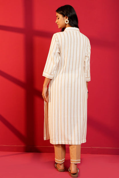 White & Brown Stripe Khadi Cotton Hand - Crafted Straight Kurta & Pant - Ritivesh By Ritika Aggarwal