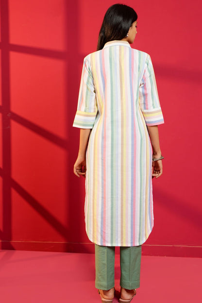 White Stripe Cotton Hand - Crafted Straight Kurta with Pant - Ritivesh By Ritika Aggarwal