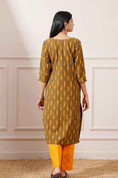 Wood Green Cotton Ikkat Straight Kurta & Pant - Ritivesh By Ritika Aggarwal
