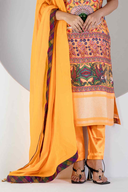 Yellow Digital print suit with Lycra pant and Dupatta - Ritivesh By Ritika Aggarwal